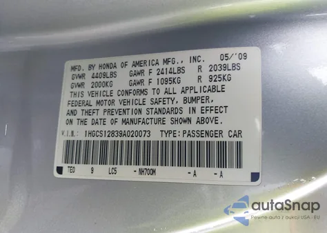 2009 Honda Accord 2.4 Ex-L from USA, damaged, VIN 1HGCS12839A020073